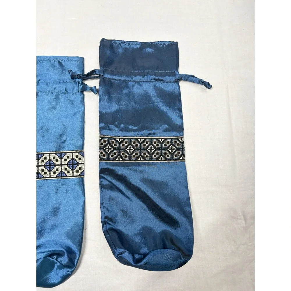 Set of 2‎ Blue Satin Drawstring Bags Embroidered Trim Folk Style Gift Pouches